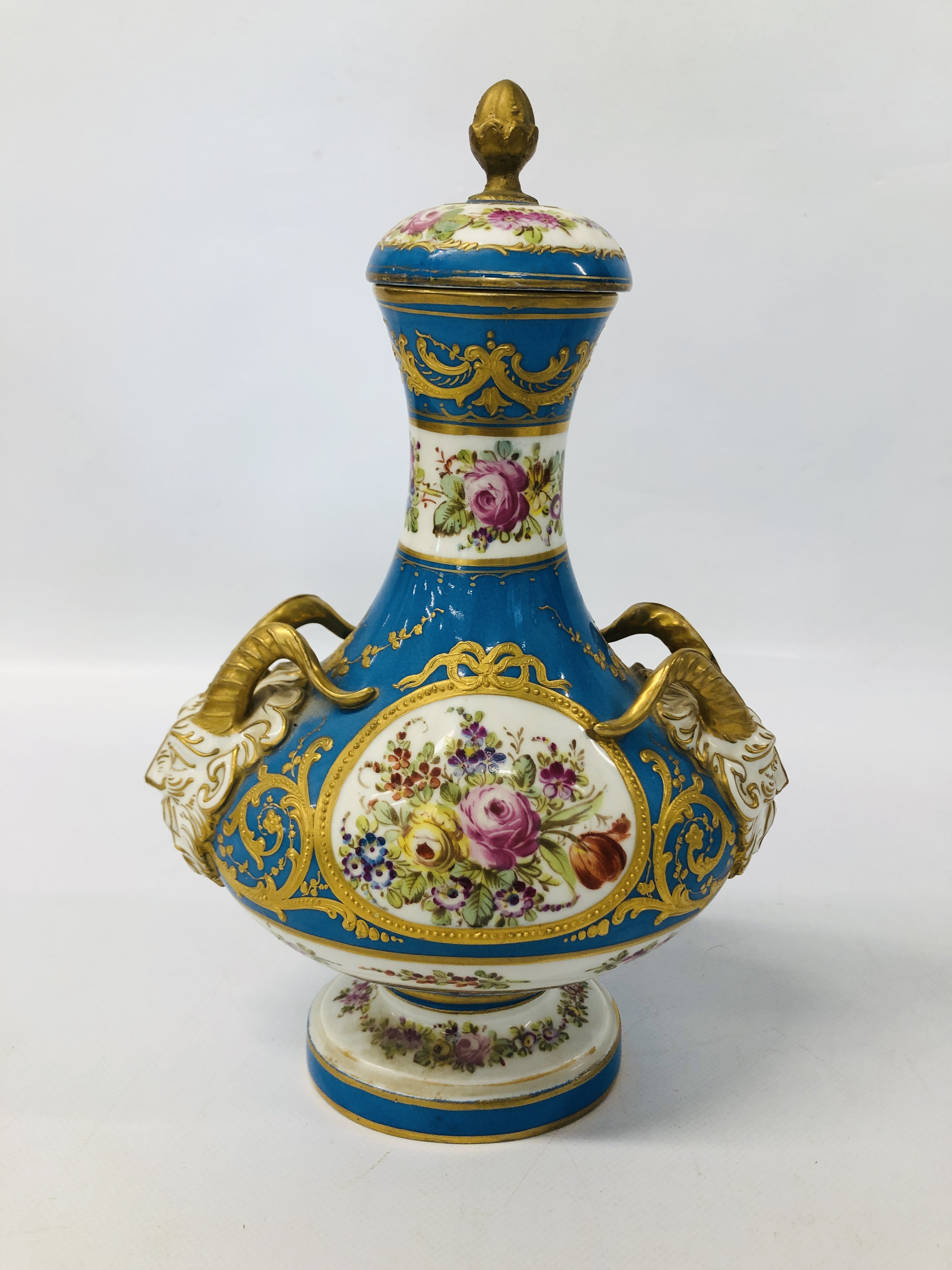 A PAIR OF C19TH SÉVRES COVERED VASES WITH RAM'S HEAD HANDLES, DECORATED WITH OVAL PANELS, - Image 16 of 27