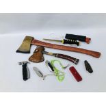 COLLECTION OF EIGHT POCKET MULTI TOOLS, HAND AXE, CRAFT KNIFE,
