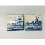 PAIR OF VINTAGE BLUE AND WHITE DELFT TILES TO INCLUDE A WINDMILL SCENE WIDTH 13.5CM HEIGHT 13.5CM.