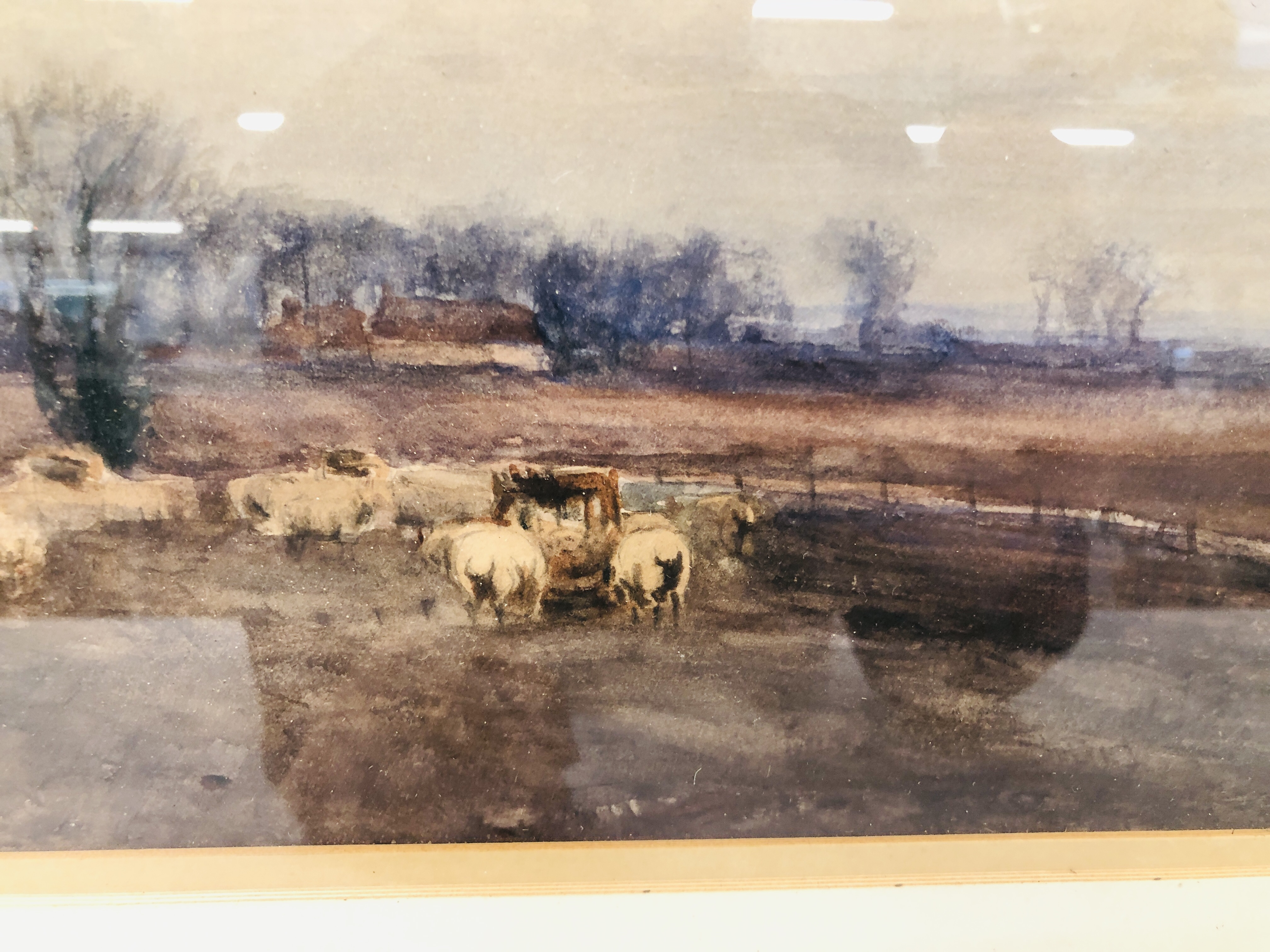 WATERCOLOUR "GRAZING SHEEP IN LANDSCAPE" NO VISIBLE SIGNATURE MARKED TO REAR SIGNED BY H.C. - Image 6 of 8