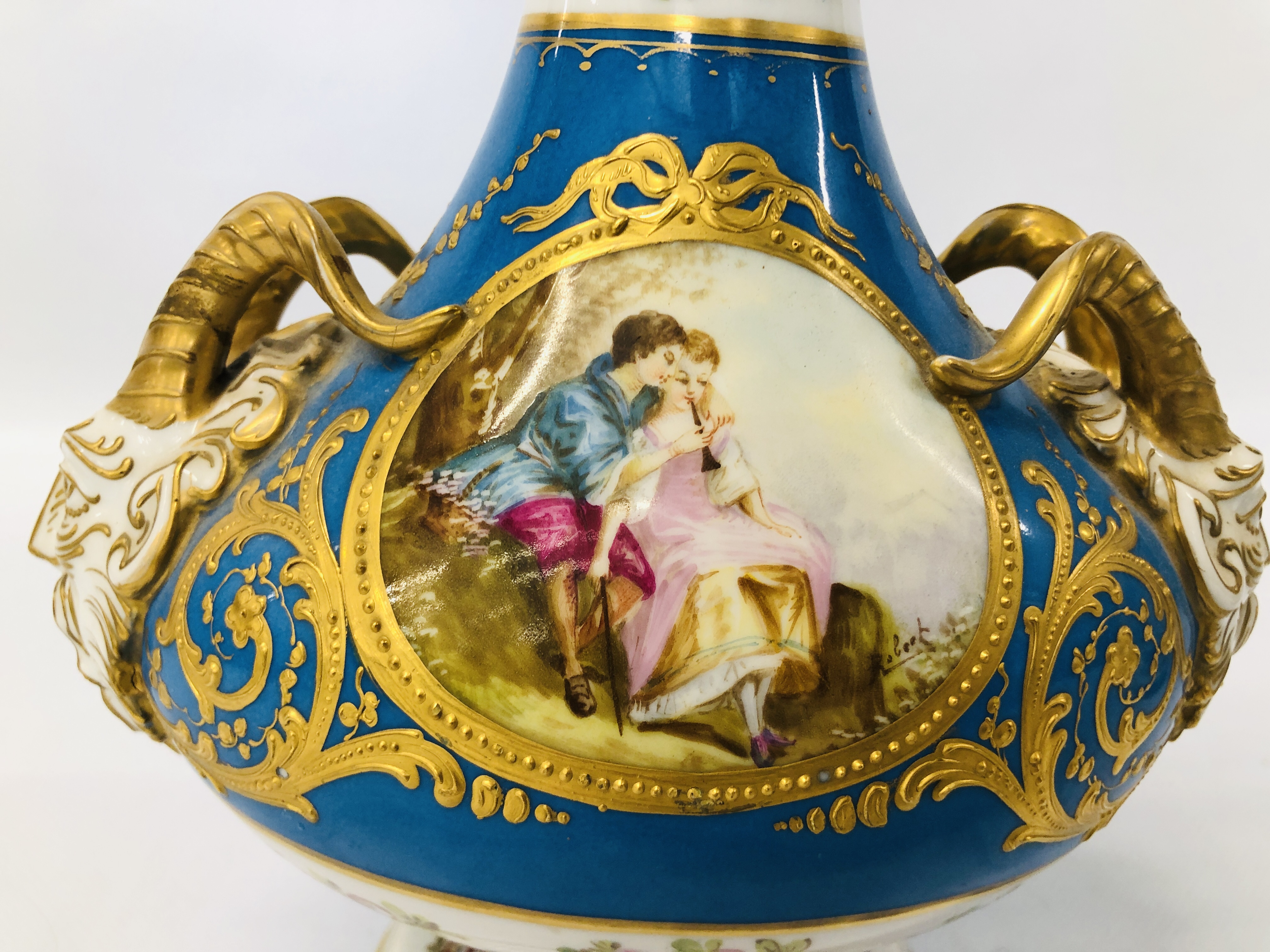 A PAIR OF C19TH SÉVRES COVERED VASES WITH RAM'S HEAD HANDLES, DECORATED WITH OVAL PANELS, - Image 25 of 27