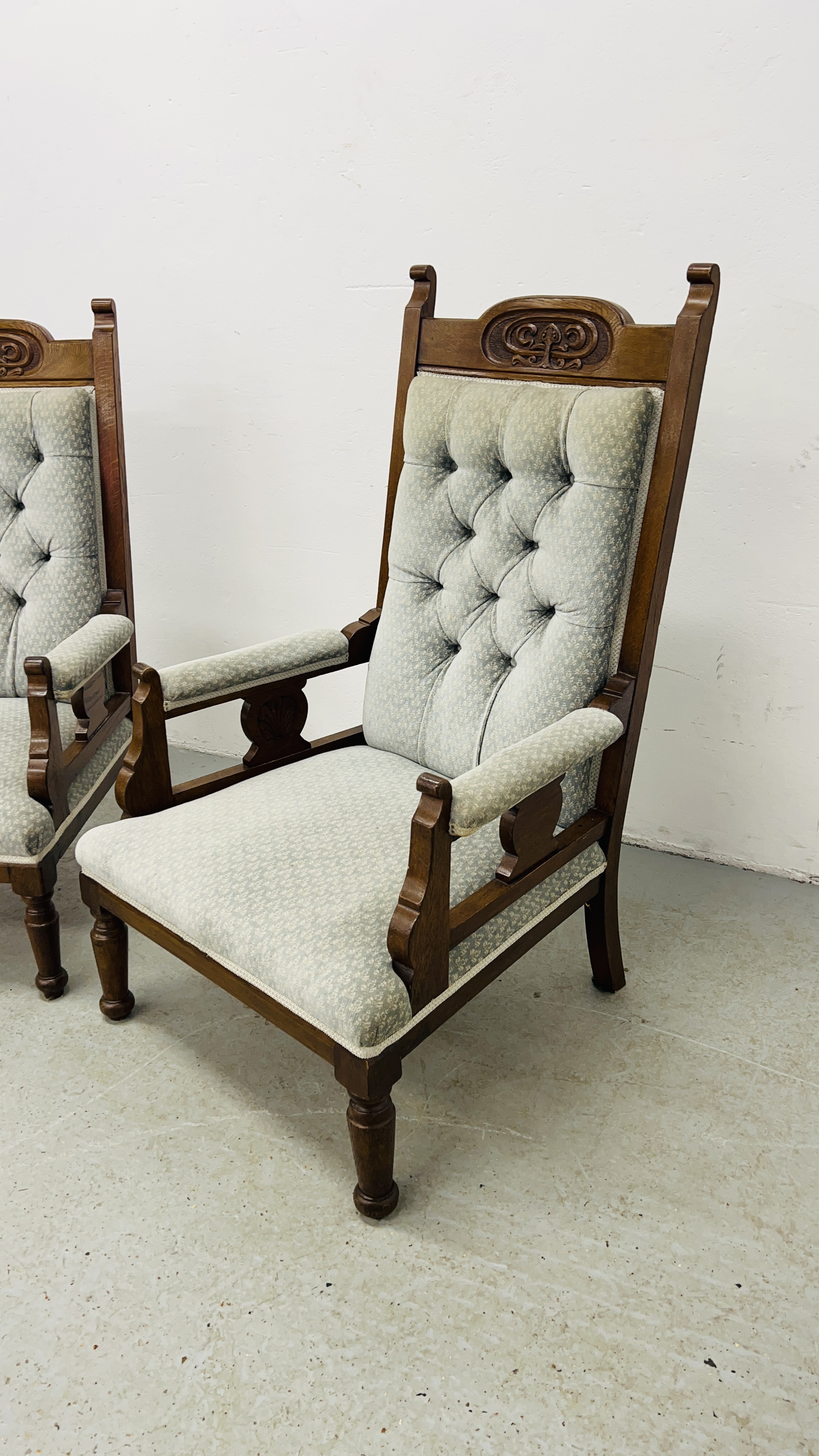 A PAIR OF EDWARDIAN OAK LOW SEAT CHAIRS UPHOLSTERED IN PASTEL BLUE - Image 3 of 11