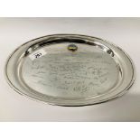 A STERLING SILVER OVAL TRAY WITH PRESENTATION INSCRIPTION AND SIGNATURES.