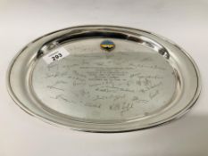 A STERLING SILVER OVAL TRAY WITH PRESENTATION INSCRIPTION AND SIGNATURES.