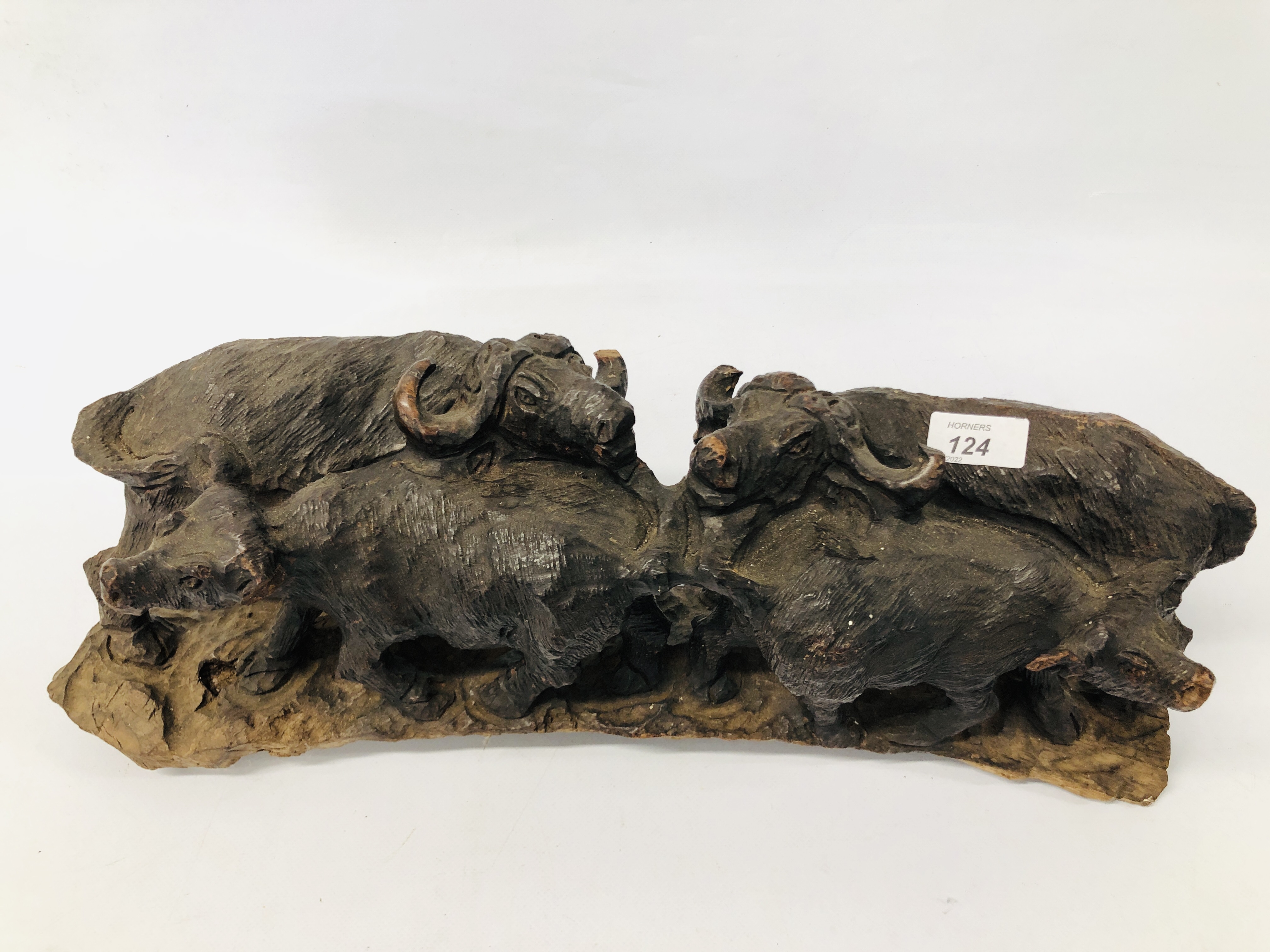 A HARDWOOD HAND CARVED STUDY OF WATER BUFFALO. - Image 4 of 8