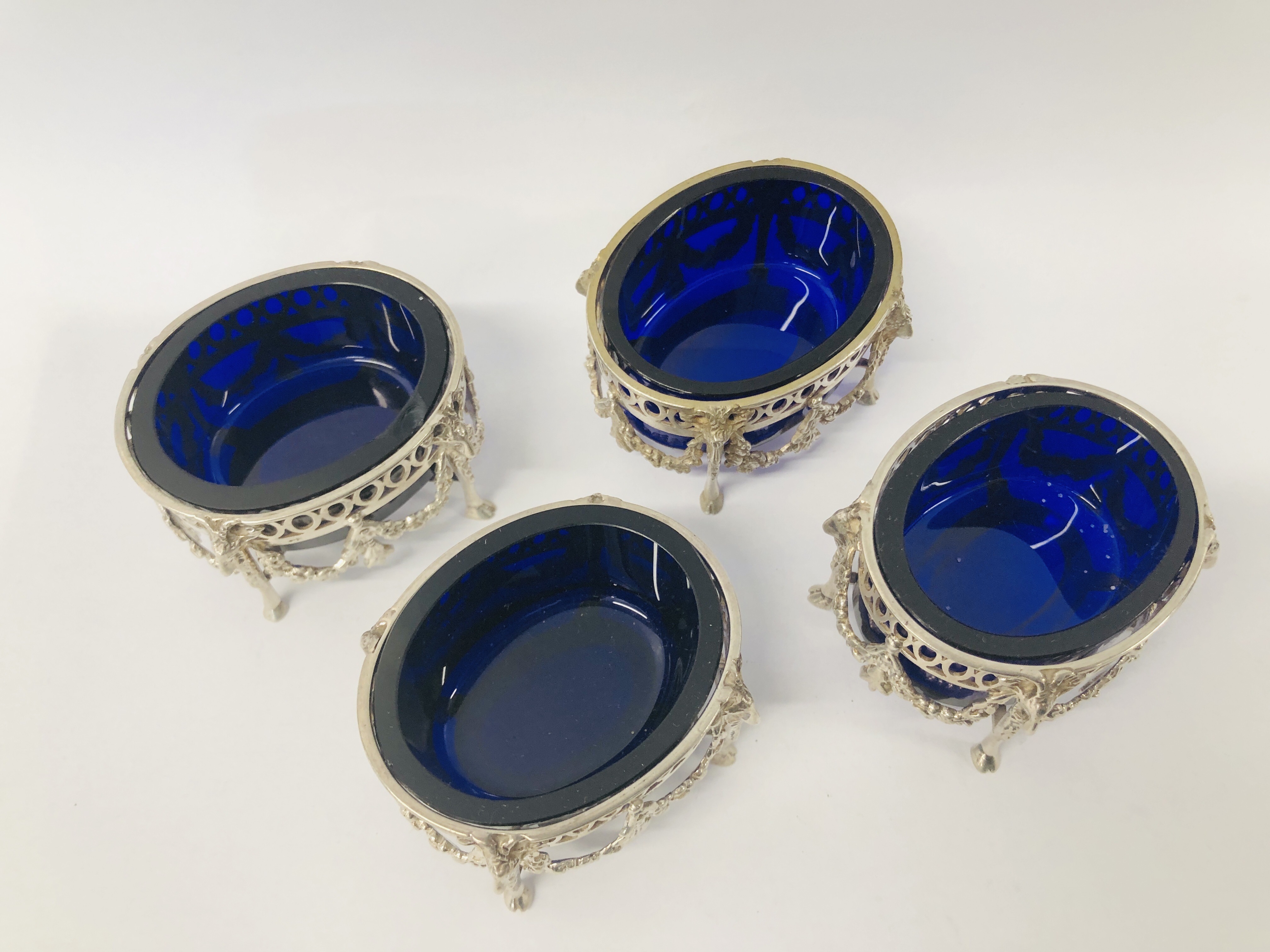 FOUR DUTCH SILVER SALTS WITH BLUE GLASS LINERS (ONE LINER A/F) - Image 4 of 17