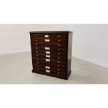 AN ANTIQUE MAHOGANY TEN DRAWER COLLECTORS CHEST WITH BRASS HANDLES WIDTH 68CM. DEPTH 27CM.