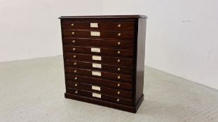 AN ANTIQUE MAHOGANY TEN DRAWER COLLECTORS CHEST WITH BRASS HANDLES WIDTH 68CM. DEPTH 27CM.