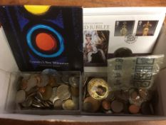 SMALL BOX MIXED COINS, COVENTRY MILLENNIUM MEDALLION IN FOLDER,