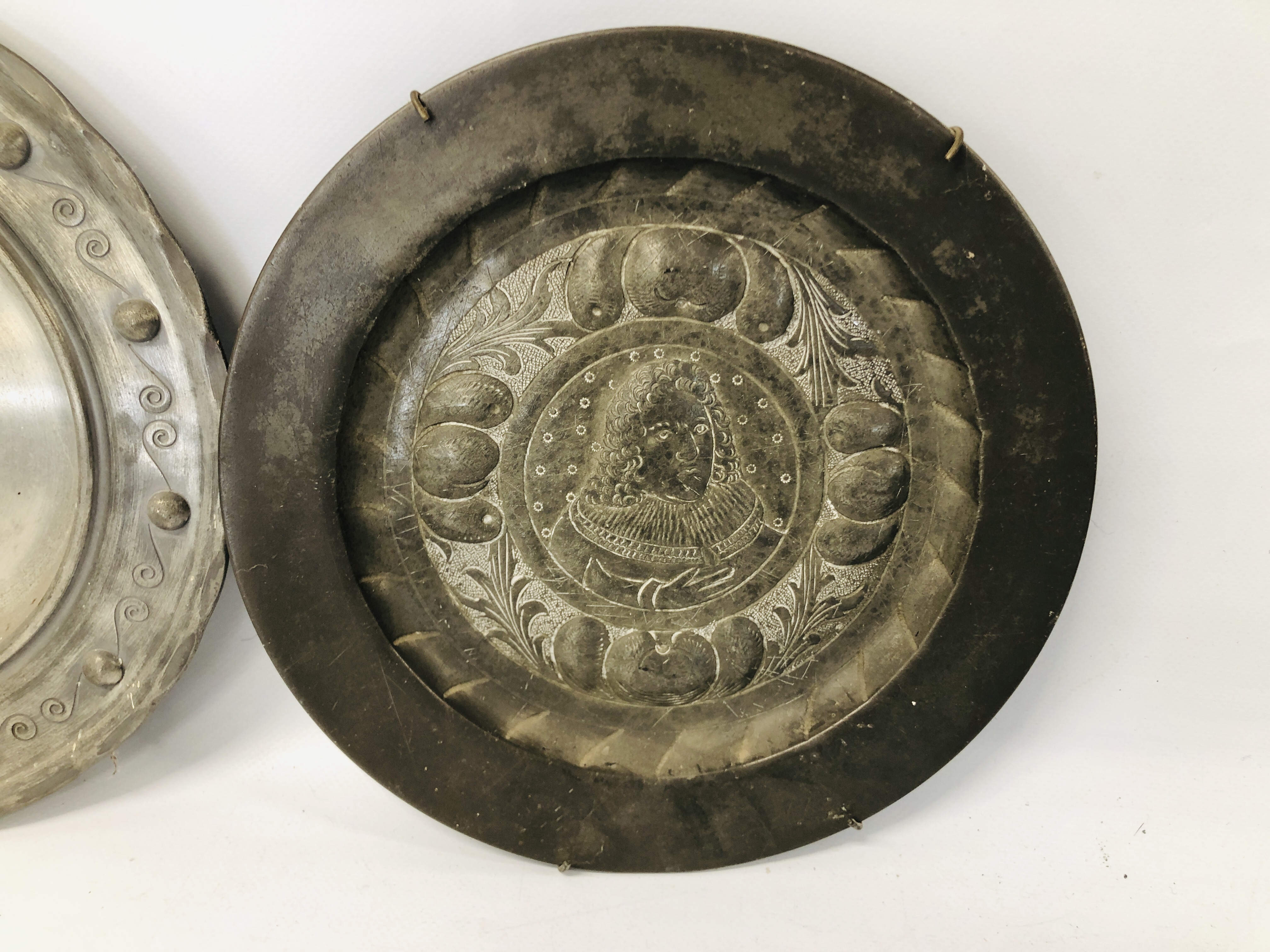 THREE PERIOD PEWTER PLATES/CHARGERS, - Image 5 of 10