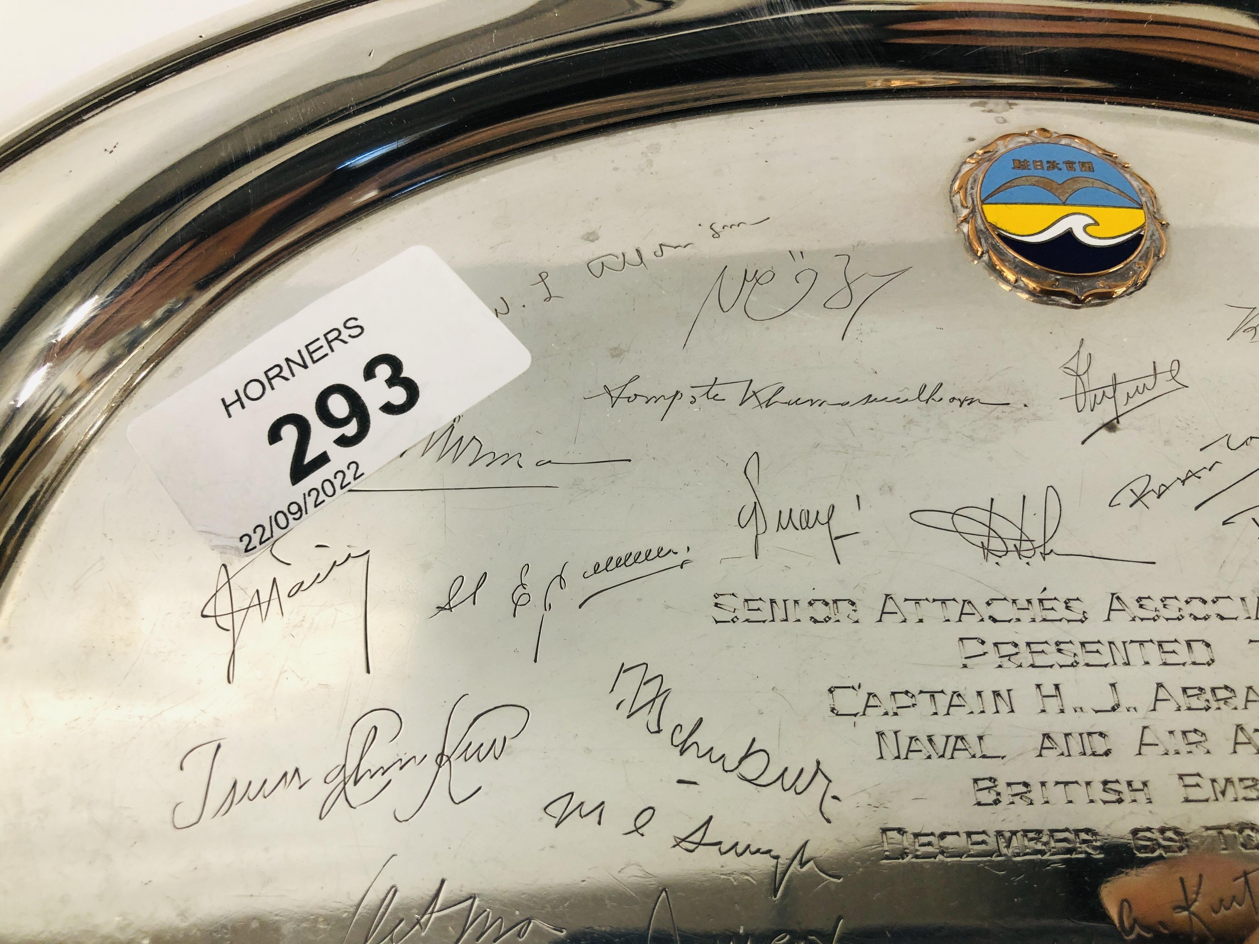 A STERLING SILVER OVAL TRAY WITH PRESENTATION INSCRIPTION AND SIGNATURES. - Image 3 of 9