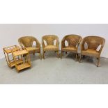 A SET OF FOUR WICKER TUB CHAIRS AND PAIR OF BAMBOO FRAMED BEDSIDE STANDS.