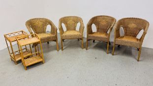 A SET OF FOUR WICKER TUB CHAIRS AND PAIR OF BAMBOO FRAMED BEDSIDE STANDS.