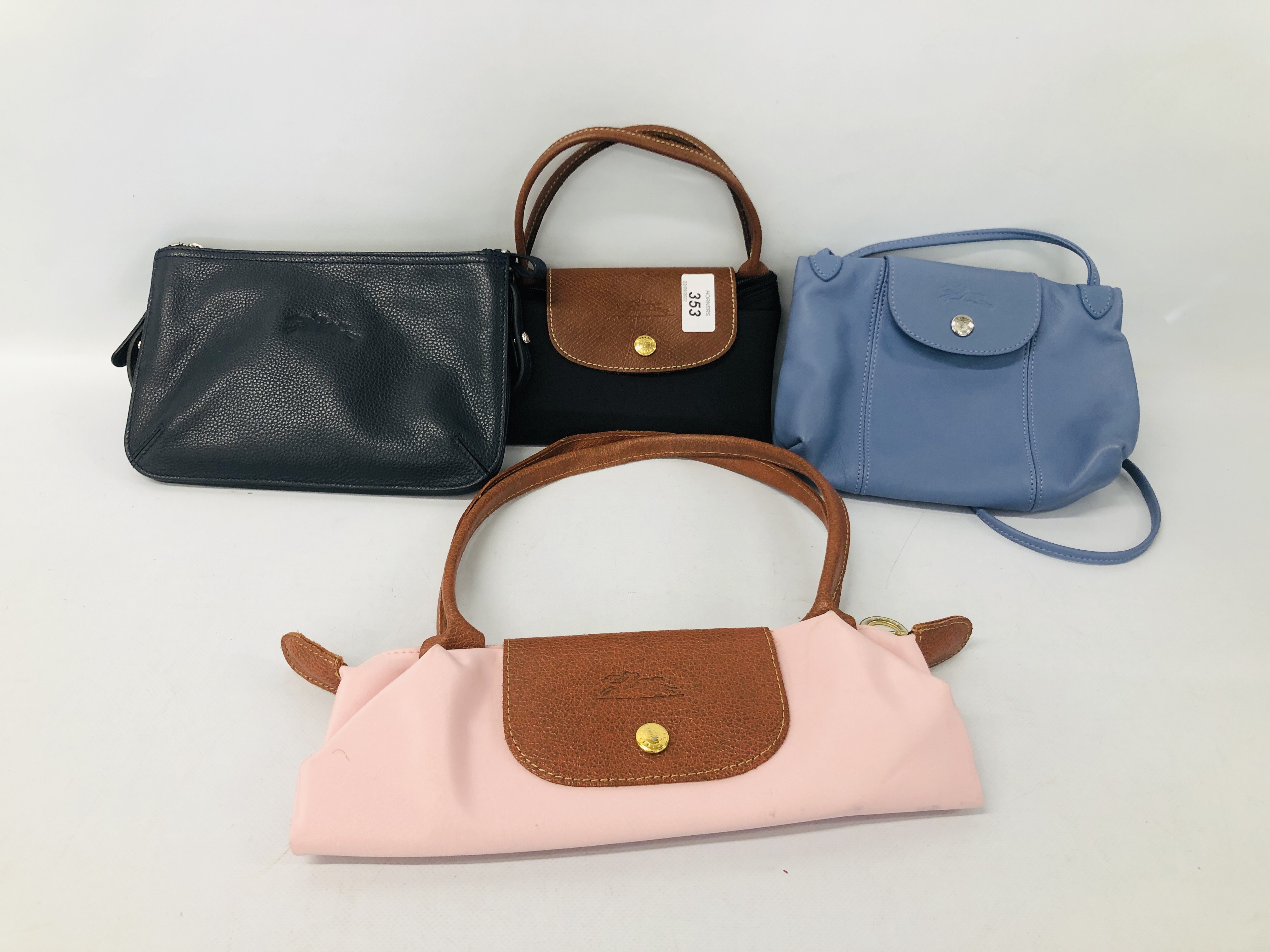 FOUR DESIGNER LADIES LONGCHAMP CROSS BODY BAGS AND HAND BAGS INCLUDING LEATHER.