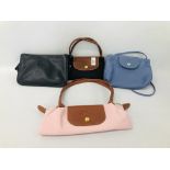 FOUR DESIGNER LADIES LONGCHAMP CROSS BODY BAGS AND HAND BAGS INCLUDING LEATHER.