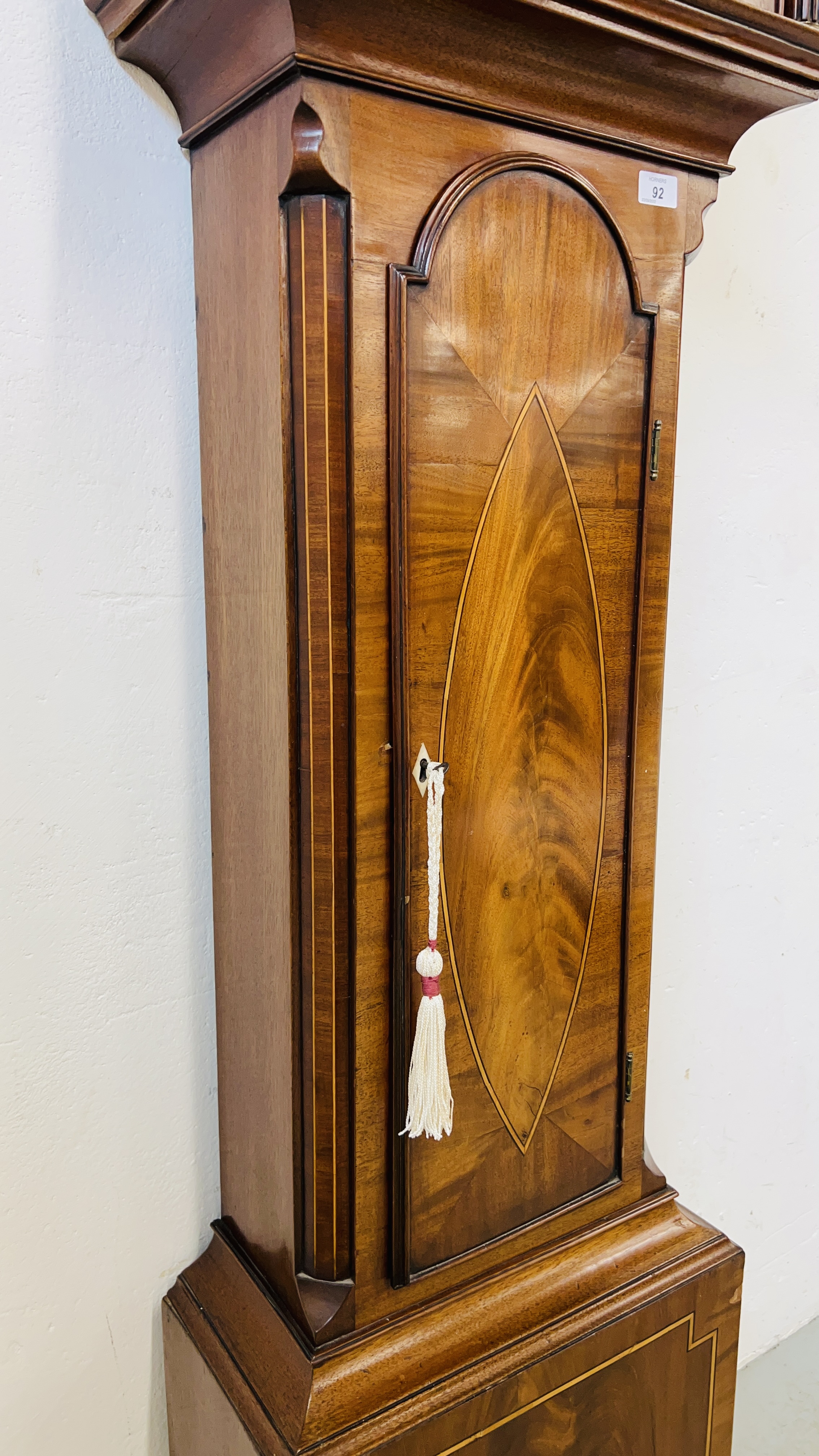 AN INLAID MAHOGANY GRANDFATHER CLOCK WITH JOSEPH LUM FACE COMPLETE WITH KEY AND PENDULUM - Image 5 of 14