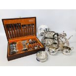 BOX OF ASSORTED PLATED WARE TO INCLUDE PRESENTATION TRAY, BASKET AND CUTLERY,