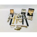 BOX OF ASSORTED LADIES AND GENTS WRIST AND POCKET WATCHES AND CUFF LINKS INCLUDING ELLESSE,