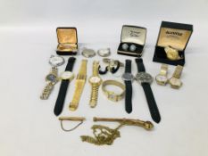 BOX OF ASSORTED LADIES AND GENTS WRIST AND POCKET WATCHES AND CUFF LINKS INCLUDING ELLESSE,