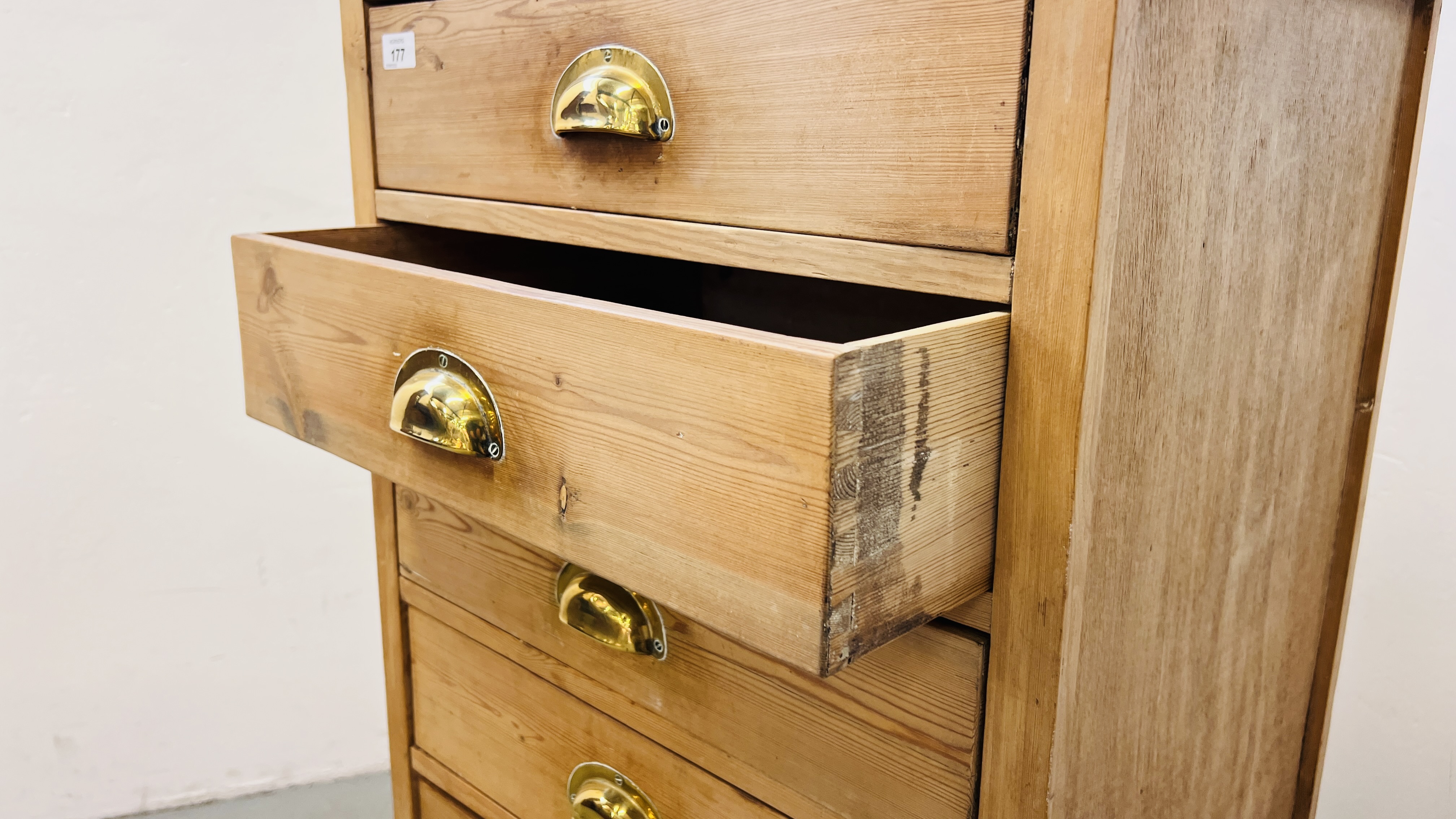 AN ANTIQUE WAXED PINE SIX DRAWER TOWER CHEST W 57CM, D 44CM, H 123CM. - Image 7 of 7