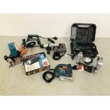 COLLECTION OF SEVEN HAND POWER TOOLS TO INCLUDE BLACK AND DECKER JIG SAW, BLACK AND DECKER HEAT GUN,