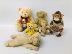 A GROUP OF VINTAGE SOFT TOYS TO INCLUDE BATTERY OPERATED MONKEY WITH CYMBALS, TEDDIES, DOG ETC.