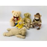 A GROUP OF VINTAGE SOFT TOYS TO INCLUDE BATTERY OPERATED MONKEY WITH CYMBALS, TEDDIES, DOG ETC.