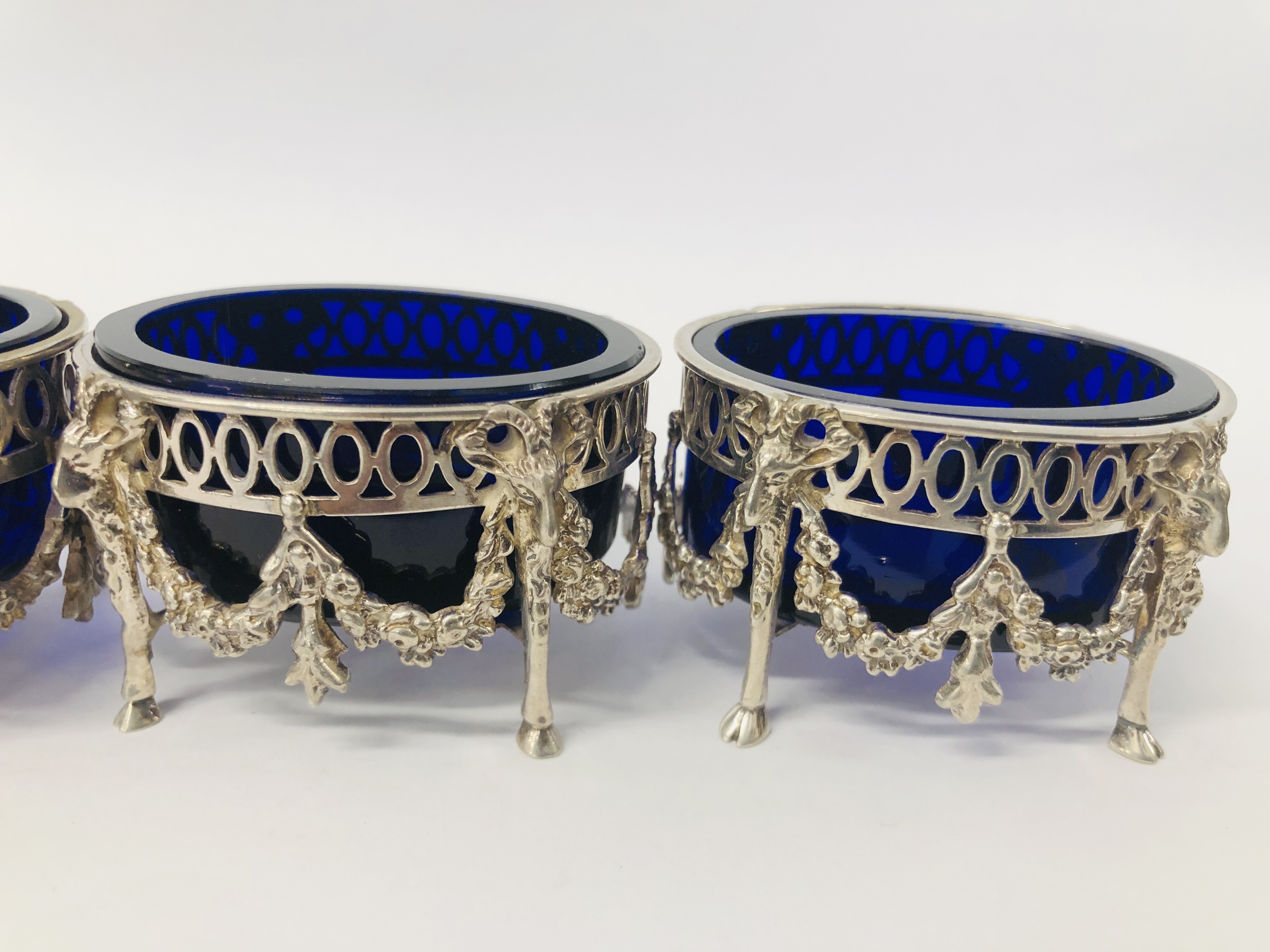 FOUR DUTCH SILVER SALTS WITH BLUE GLASS LINERS (ONE LINER A/F) - Image 8 of 17