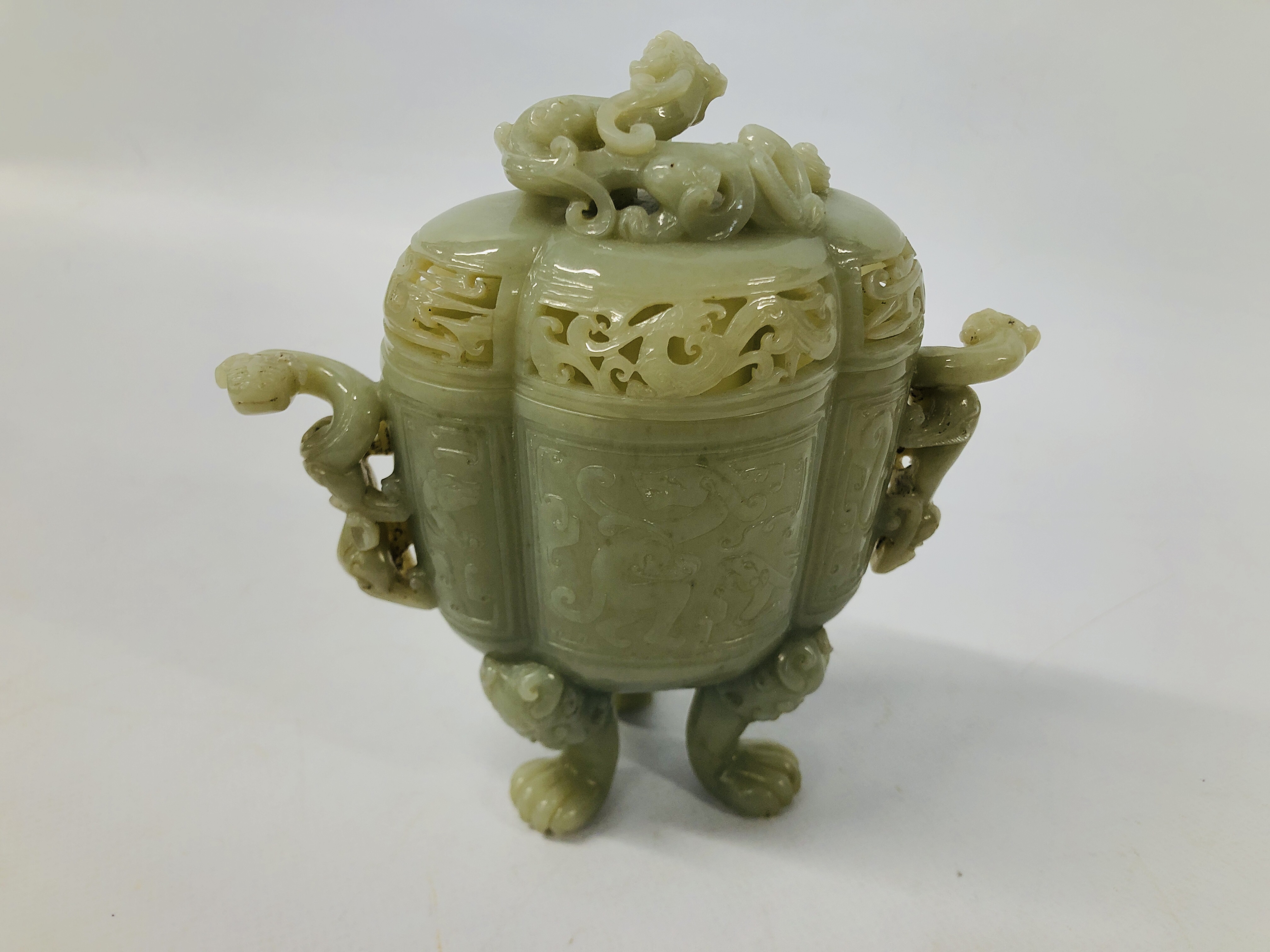 WELL CARVED CHINESE CELADON JADE JAR AND COVER OF ARCHAIC FORM ON THREE MASK AND PAW FEET, - Image 8 of 10