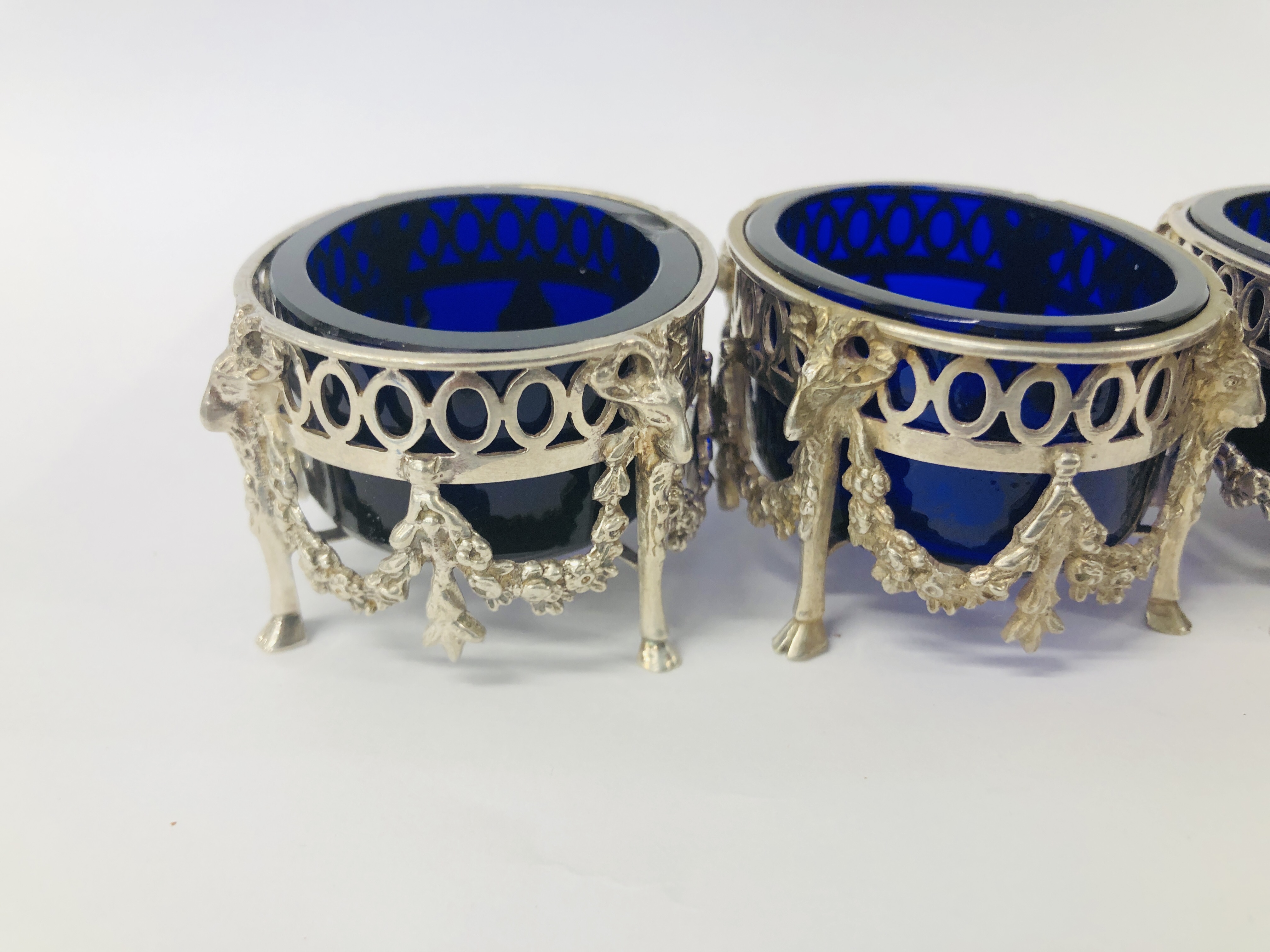 FOUR DUTCH SILVER SALTS WITH BLUE GLASS LINERS (ONE LINER A/F) - Image 5 of 17