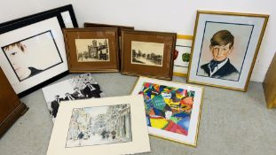 A GROUP OF TWELVE VARIOUS PRINTS AND PICTURES TO INCLUDE ABSTRACT WATERCOLOUR, PORTRAIT, ENGRAVINGS,