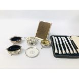 COLLECTION OF SILVER TO INCLUDE PAIR OF SALTS, TEA STRAINER, GEORGIAN SALT, PHOTO FRAME,