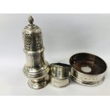 A SILVER WINE COASTER, A SILVER SUGAR SIFTER AND TWO SILVER NAPKIN RINGS.
