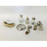 A COLLECTION OF SILVER TOPPED DRESSING TABLE ITEMS TO INCLUDE HEART SHAPED TRINKET, PIN POTS,