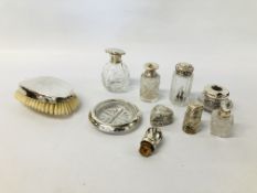 A COLLECTION OF SILVER TOPPED DRESSING TABLE ITEMS TO INCLUDE HEART SHAPED TRINKET, PIN POTS,