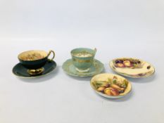 TWO AYNSLEY CUPS AND SAUCERS ONE IN THE ORCHARD DESIGN ALONG WITH AN AYNSLEY ORCHARD GOLD PIN DISH