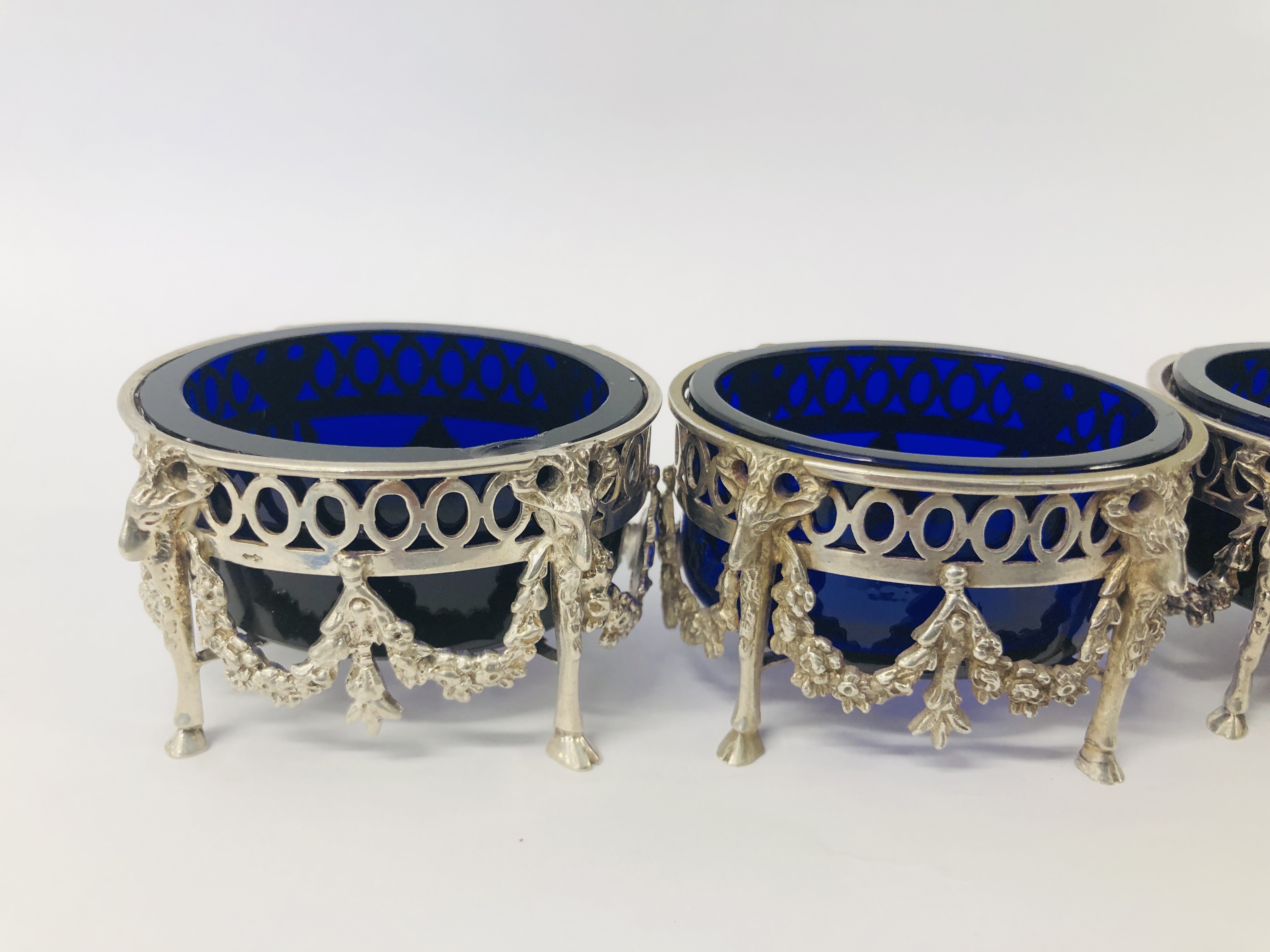 FOUR DUTCH SILVER SALTS WITH BLUE GLASS LINERS (ONE LINER A/F) - Image 7 of 17