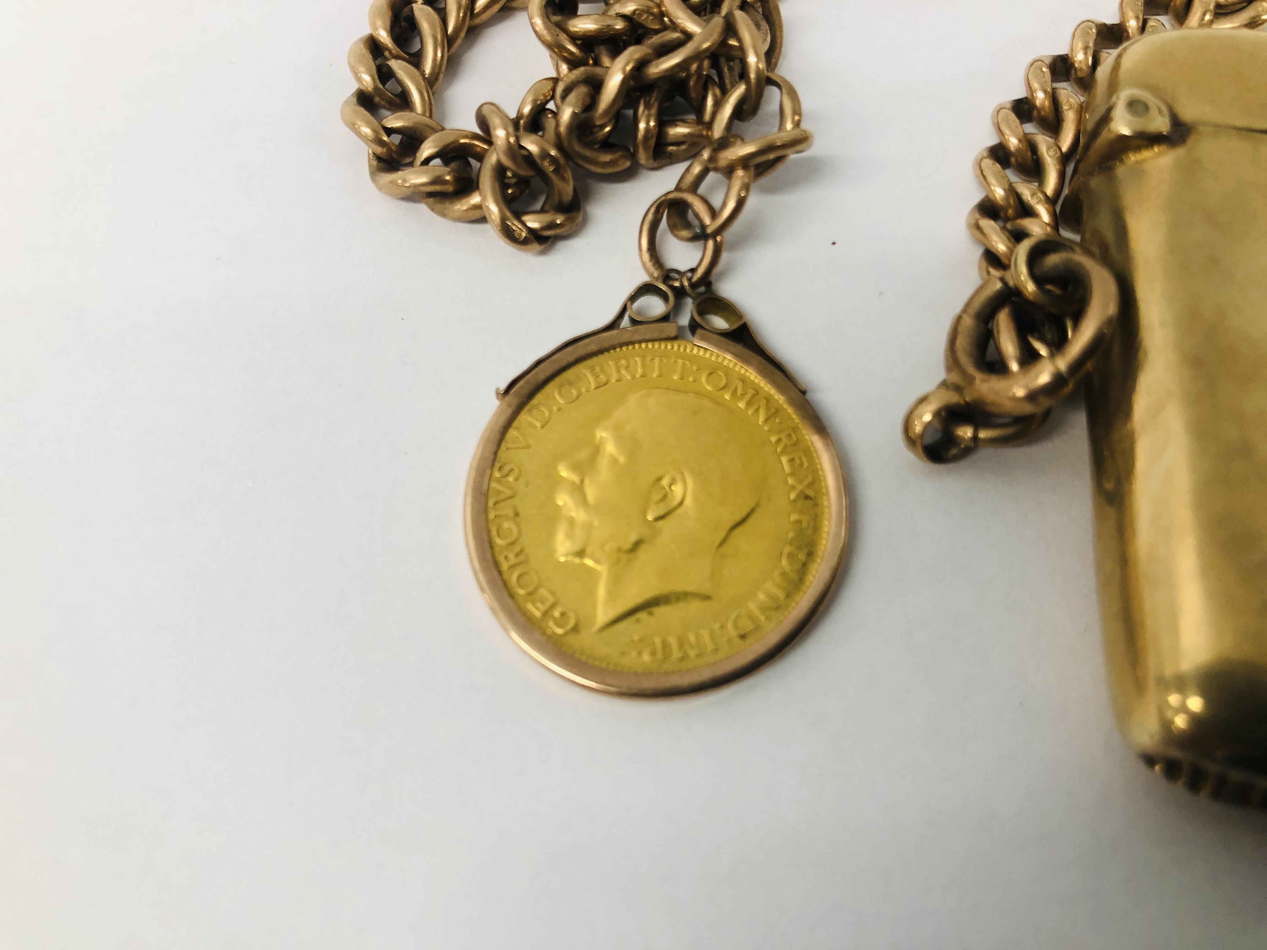 A WALTHAM GOLD PLATED POCKET WATCH ON 9CT GOLD WATCH CHAIN WITH A GEORGE V 1913 FULL SOVEREIGN COIN - Image 5 of 19