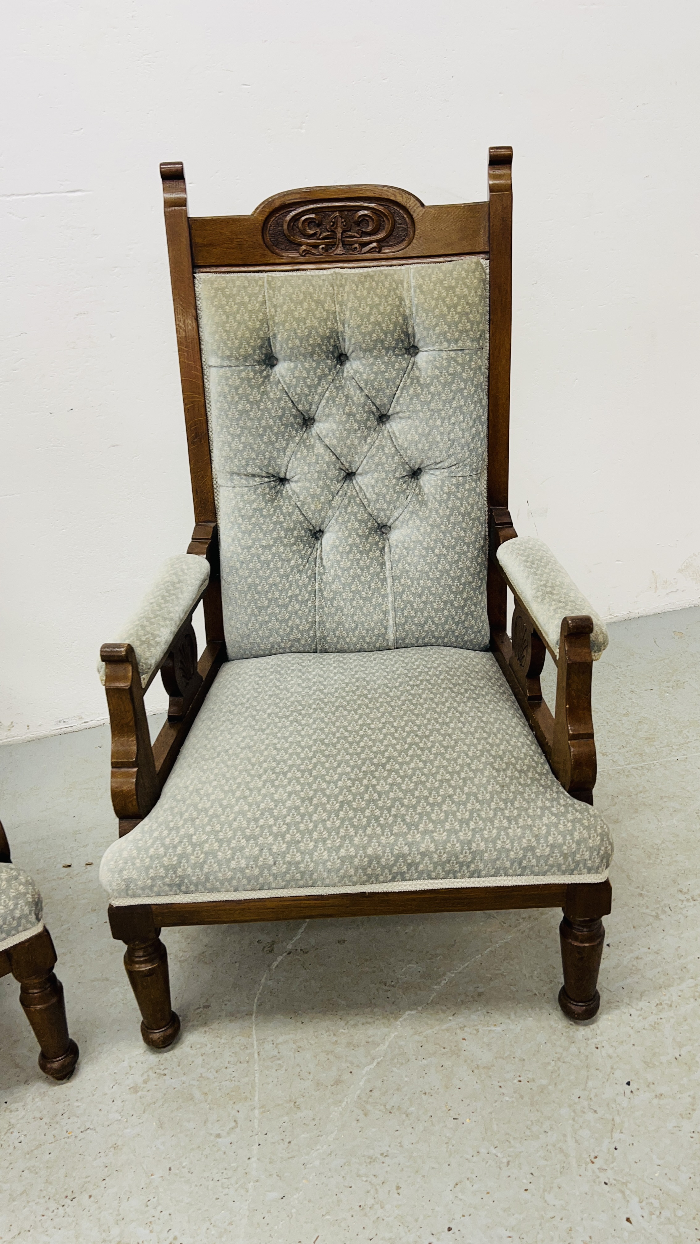 A PAIR OF EDWARDIAN OAK LOW SEAT CHAIRS UPHOLSTERED IN PASTEL BLUE - Image 2 of 11