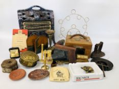 BOX OF ASSORTED COLLECTIBLES TO INCLUDE BRASS TELESCOPE, BOOKENDS, VINTAGE CAST IRON,