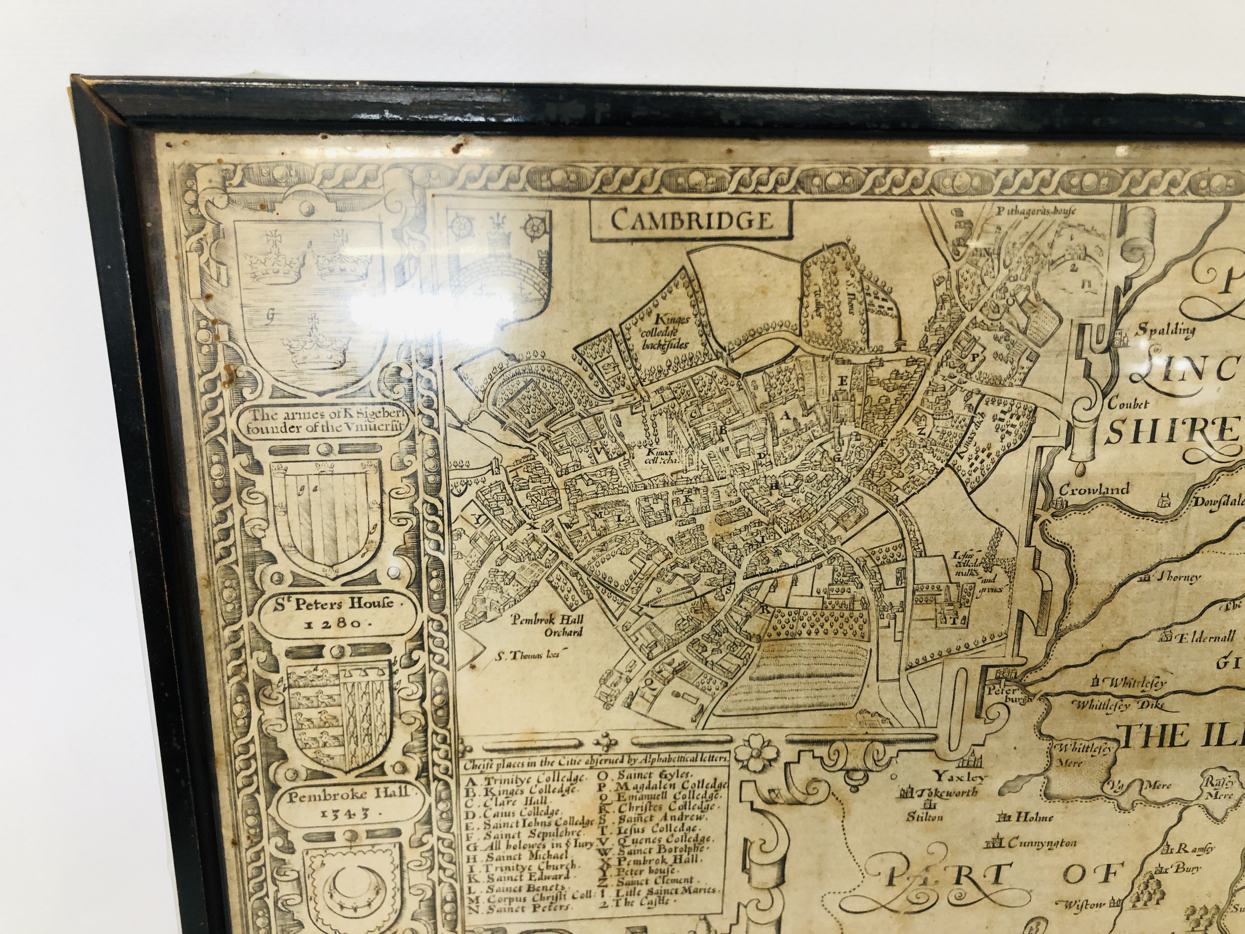 A MAP OF CAMBRIDGESHIRE WITH THE ARMS OF THE COLLEGES 39 X 53CM. - Image 2 of 5