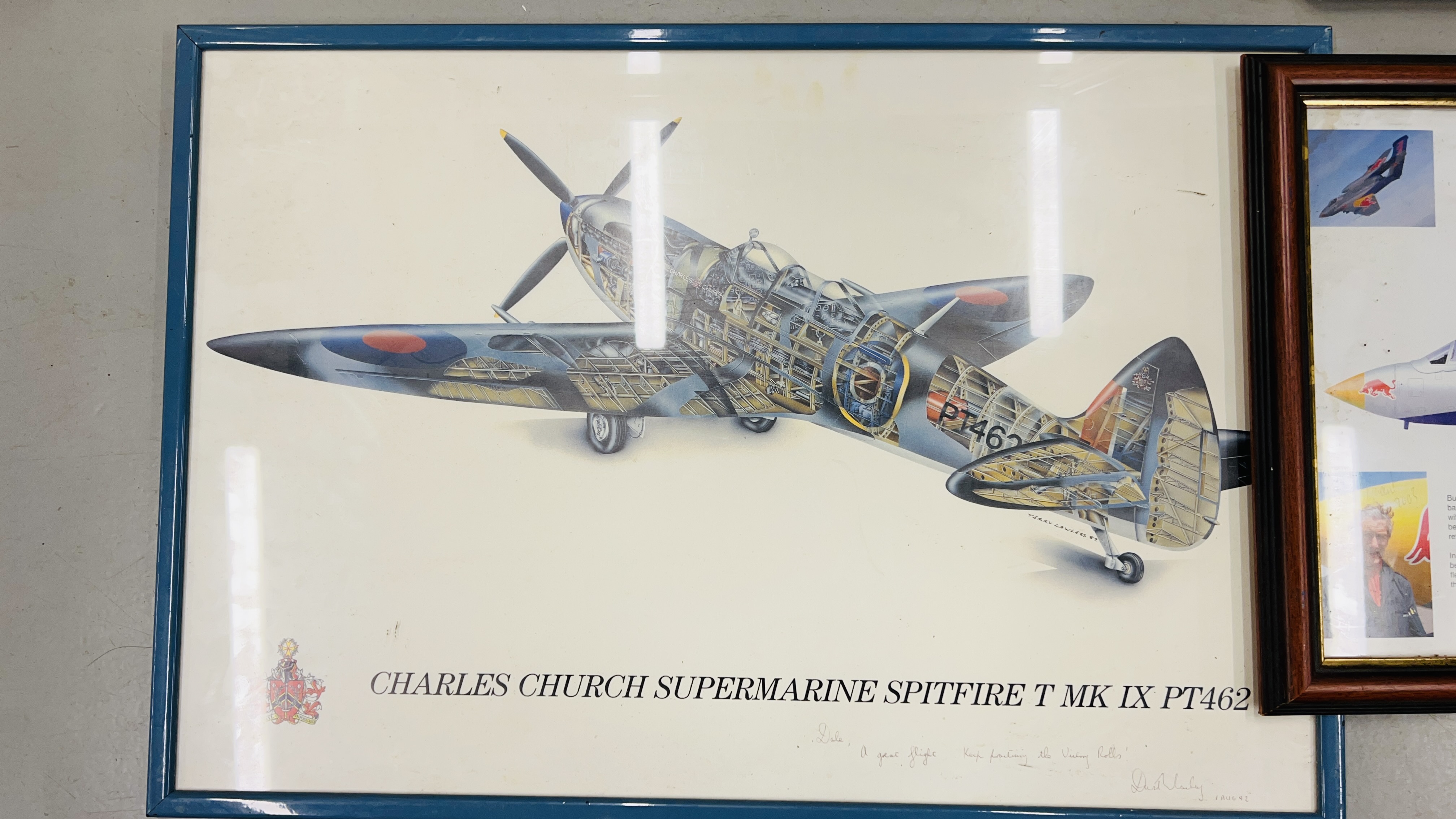 FRAMED AIRCRAFT PRINT CHARLES CHURCH SUPERMARINE SPITFIRE T MK IX PT462 BEARING TRIBUTE + A REDBULL - Image 4 of 6