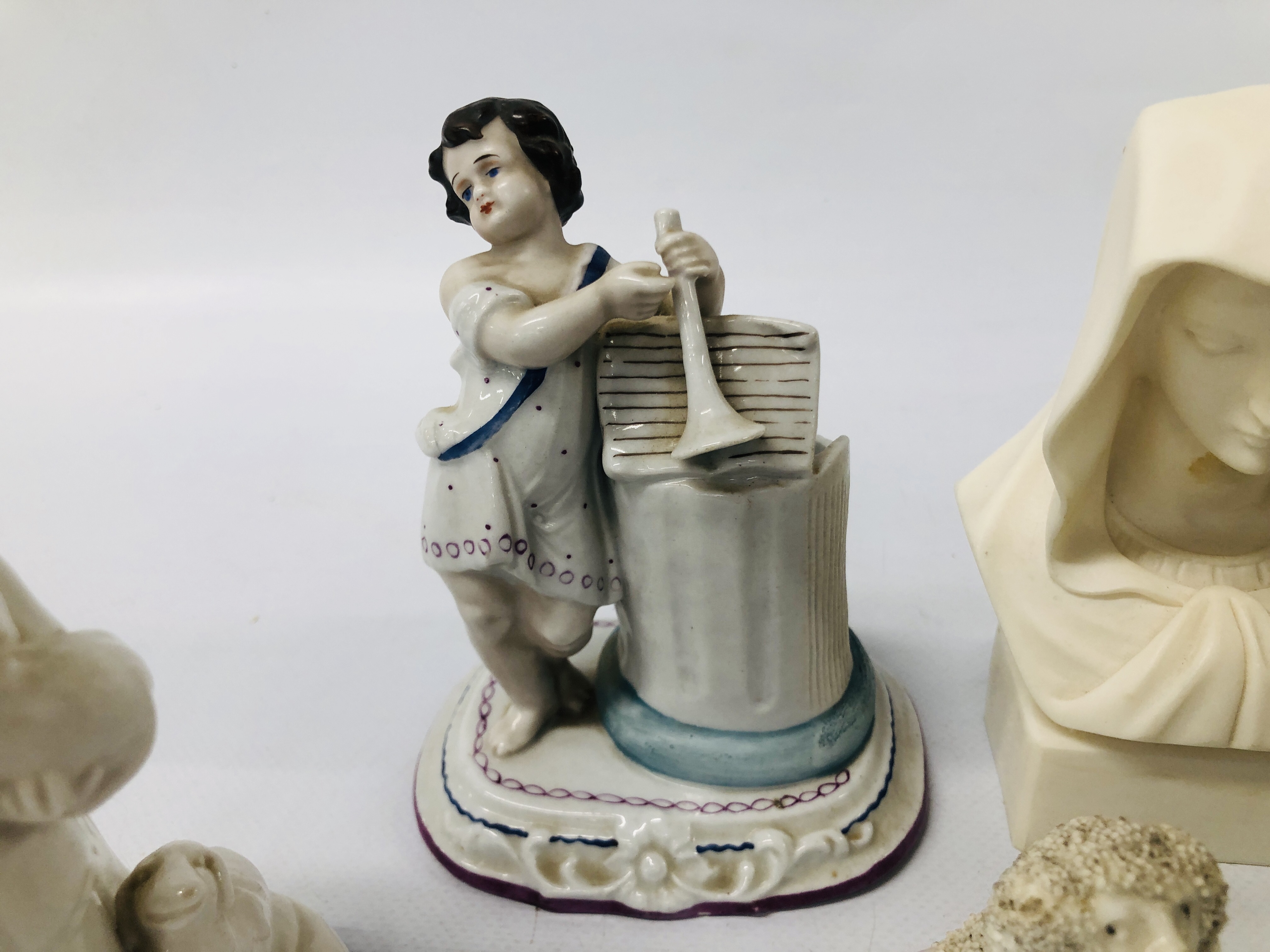 A GROUP OF HARDPASTE DECORATIVE EFFECTS TO INCLUDE SPILL VASE IN THE FORM OF A STANDING SHEPHERD - Image 3 of 12