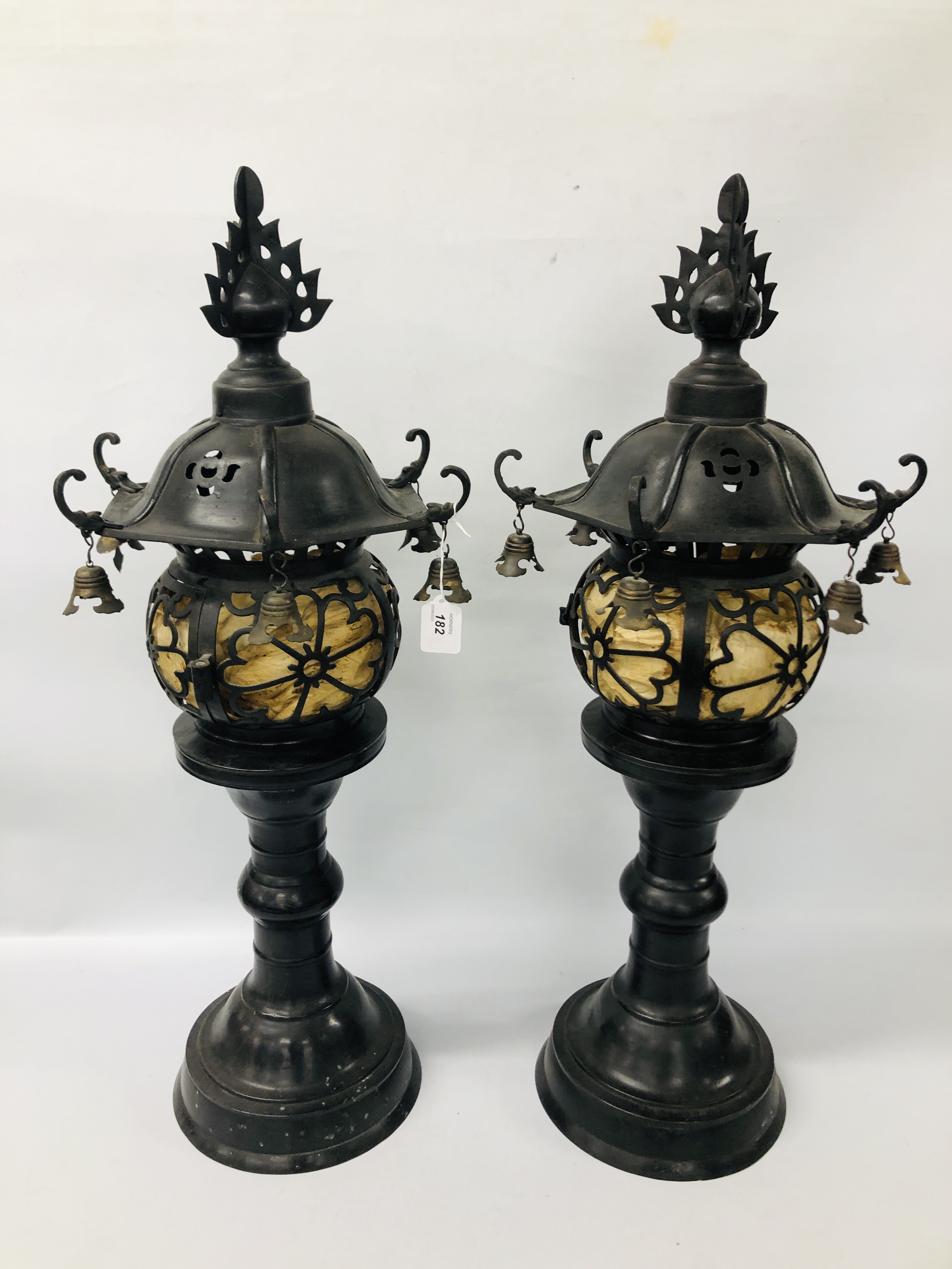 PAIR OF LARGE JAPANESE HEAVILY PATINATED BRONZE TEMPLE LANTERNS (SECTIONAL) 18TH / 19TH CENTURY,