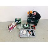 A PARKSIDE PKO 270 A1 AIR COMPRESSOR WITH HOSE AND ATTACHMENTS ALONG WITH BOXED AIR SAND BLASTER