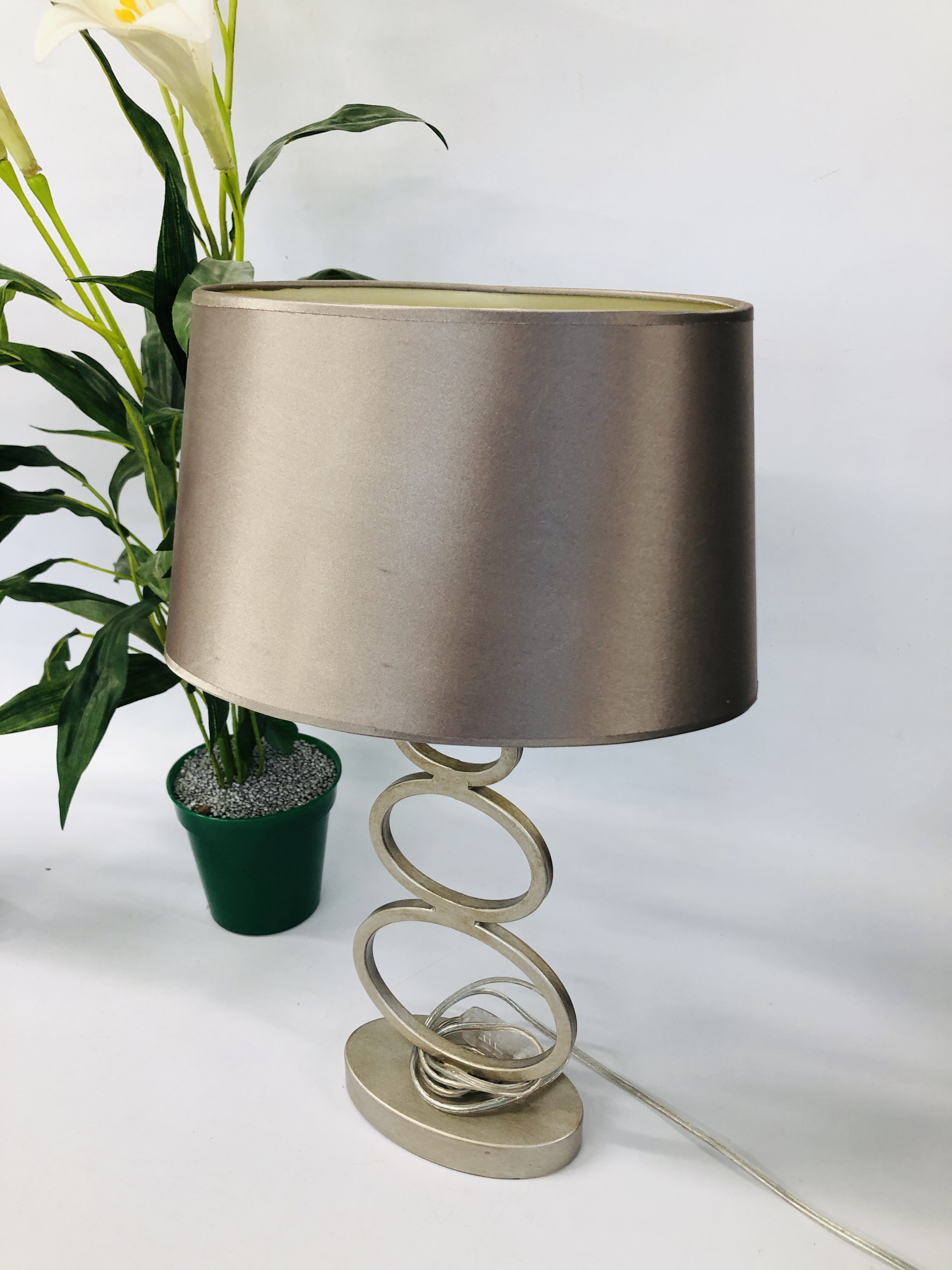 PAIR OF MODERN LAURA ASHLEY TABLE LAMPS AND SHADES ALONG WITH AN ARTIFICIAL LILY ARRANGEMENT - SOLD - Image 2 of 4