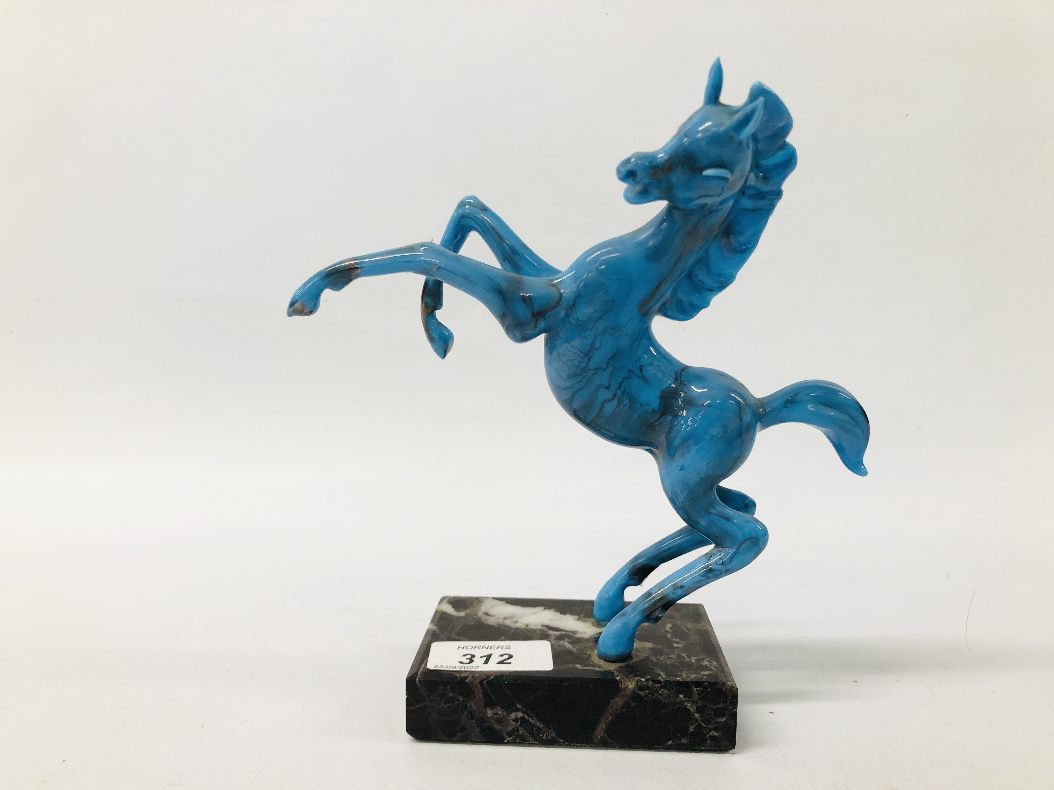A STUDY OF REARING HORSE, BLUE MARBLED FINISH ON MARBLE PLINTH HEIGHT 20CM. - Image 6 of 6