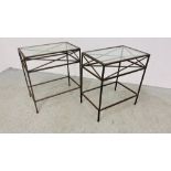 A PAIR OF METAL CRAFT SIDE TABLES WITH GLASS TOPS WIDTH 55CM. DEPTH 36CM. HEIGHT 62CM.