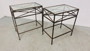 A PAIR OF METAL CRAFT SIDE TABLES WITH GLASS TOPS WIDTH 55CM. DEPTH 36CM. HEIGHT 62CM.
