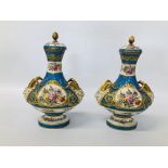 A PAIR OF C19TH SÉVRES COVERED VASES WITH RAM'S HEAD HANDLES, DECORATED WITH OVAL PANELS,